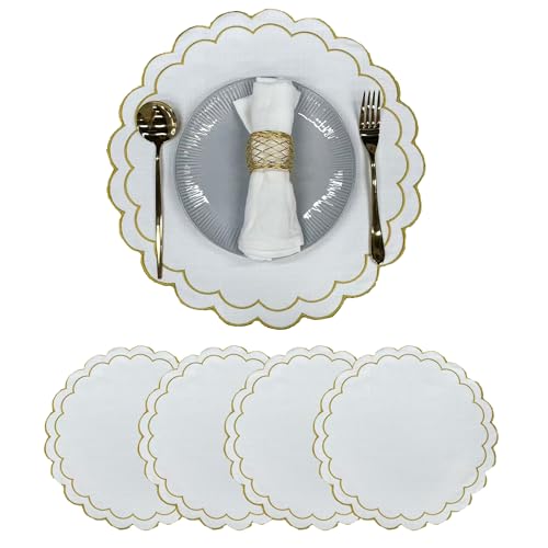 Linen Cotton Placemats Set of 4 Scalloped Flower Embroidery Place Mats 15'' Natural Linen Texture Fabric Machine Washable Table Mats for Restaurant Kitchen,Table Decor(White) - color: White