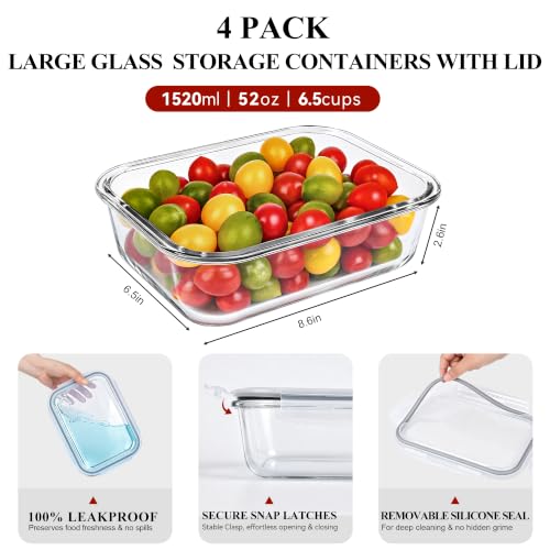LOVYANXUE 4 Pack 52oz Large Glass Food Storage Containers with Lids, Meal Prep Containers with Airtight Lid for Storing, Baking, Serving, BPA-Free, Freezer, Microwave, Oven & Dishwasher Safe - color: Mint Green