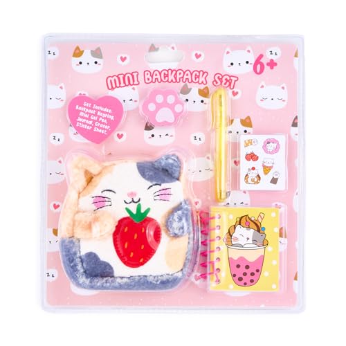 VOTUM Flower Cat Keychain Charm for Backpacks, Purses, Handbags, Car Keys with Stationery Set - Includes Mini Notebook, Gel Pen, Eraser, Stickers - Portable &; Fun Gift for Tweens Ages 8+ - style: Flower Cat