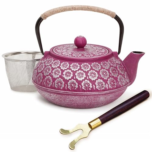 Juvale Cast Iron Tea Kettle with Infuser - Stovetop Brewing & Heat Retention - Floral Purple Cast Iron Teapot - Built-In Loose-Leaf Tea Infuser Pot - 34 oz, Medium - color: Purple, size: Medium