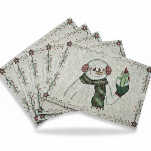 DaDa Bedding Magical Snowman Placemats - Set of 4 Festive Holiday White Tapestry - Cotton Linen Woven Dining Table Mats - 13” x 19” (9733) - color: Snowman