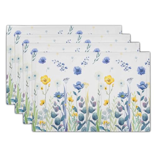 Watercolor Floral Placemats Set of 4 Blue Yellow Poppy Flowers Washable Non-Slip Heat Resistant 12×18 Inch Spring Summer Seasonal Linen Fabric Table Mats for Kitchen Dining Table - color: Blue Yellow Floral