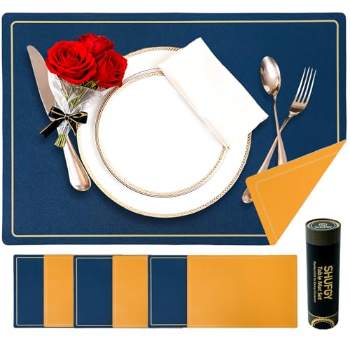 Faux Leather Placemats Set of 6, 11.8"x17.7", Blue & Yellow - color: Blue & Yellow, size: Set of 6