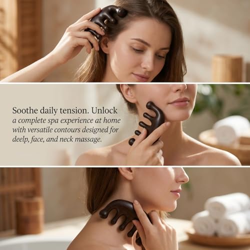 Melune Black Sandalwood 4-in-1 Gua Sha Massage Tool for Face, Scalp & Neck