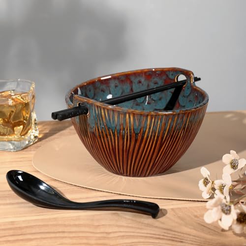 Ceramic Ramen Bowl with Chopsticks,6.7 Inch Noodle Bowls,Pho Bowls and Spoons Set,Japanese Bowl for Pho,Udon,Soba,Noodle,Microwave Safe,Set of 2(Peacock Green) - color: Peacock Green