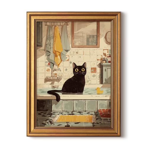 HUARCEY Gold Framed Canvas Wall Art, Bathroom Cat Vintage, 12x16Inch - color: Bathroom Cat, size: 16"L x 12"W
