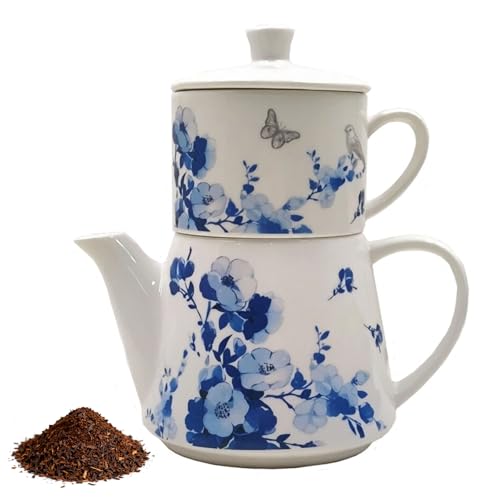 Ceramic TeaPot Porcelain Tea for One Set 15OZ Rustic Boho Tea Pot with Cup Set Stackable TeaPot and MugSet with English Breakfast Tea Gift Box as Home & Kitchen Tools Idear for Tea Lover - style: Butterflies and Birds