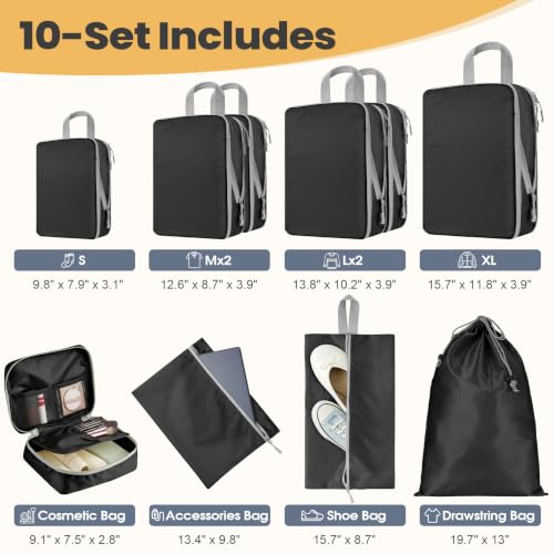 10-Set Compression Packing Cubes for Travel - color: Black, size: 10-Set