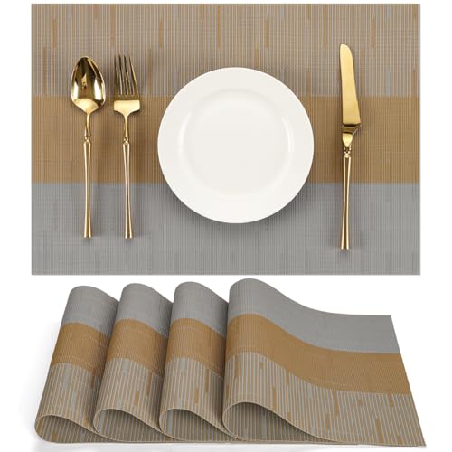 Placemats Set of 4, Vinyl Woven Heat-Resistant Place Mats - color: Gray Light Brown, size: Set of 4
