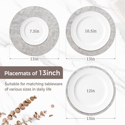 13" Round Placemats Set of 6, Reversible Faux Leather Wipeable Table Mats - color: Light Grey