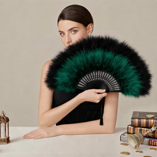 BABEYOND 1920s Marabou Feather Folding Hand Fan - color: Blackgreen