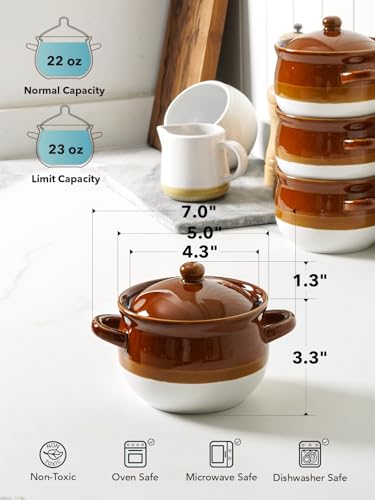 LE TAUCI French Onion Soup Bowls with Lids, Handles, 22 oz, Set of 4 - size: 22 OZ