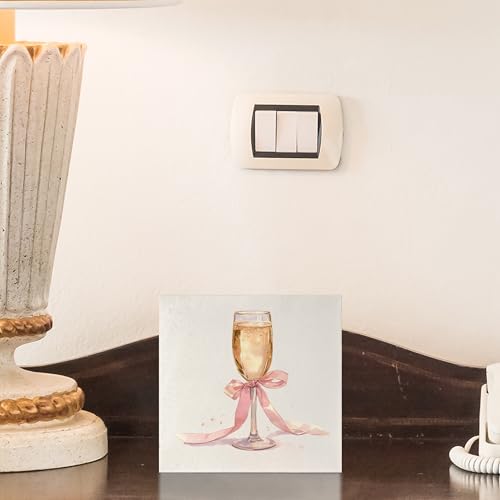 Cocktail Signs, Bar Decorations for Home,Pink Coquette Bow Champagne Wooden Box Sign, Champagne Bar Wood Signs for Home Desk Table Shelf Decor, 5x5 Inch - color: A-Champagne