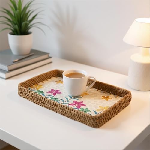 Rectangular Rattan Serving Tray with Mother of Pearl Inlay, Handwoven Wicker Decorative Tray for Fruit Breakfast Coffee Party Picnic Cafe Kitchen Home Decor 3 Sizes (Colorful Sunflower) - color: Colorful Sunflower