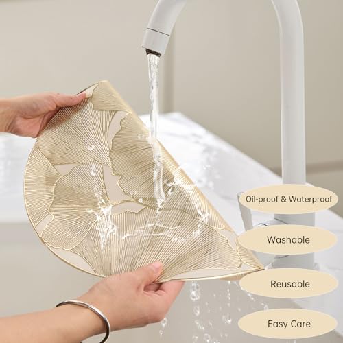 Gold Round Placemats Set of 6 Metallic Pressed Vinyl Place Mats 15 Inch - color: Gold Ginkgo