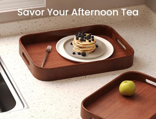 Bamboo Set of 2 Rounded Corners Serving Trays with Handles(Brown) - color: Brown
