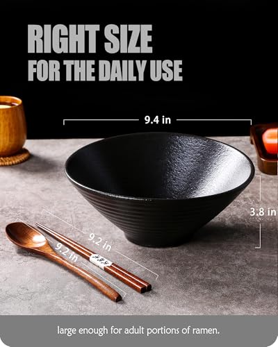 Lareina Ceramic Japanese Ramen Bowls, 2 Sets (6 Piece) 60 Ounce, Large Noodle Soup Bowl with Matching Chopsticks and Spoons for Asian Pho Udon Soba, Matting Black - color: Matting Black