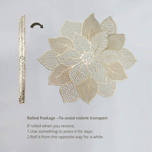Gold Round Placemats for Dining Table Set of 6 Pressed Vinyl Metallic - color: A5/Hibiscus/Gold
