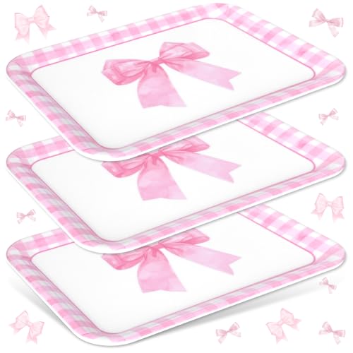JarThenaAMCS 3Pcs Pink Bow Serving Trays 13 x 10 Inch Watercolor Ribbon Bow Knot Reusable Platter Pink White Plaid Serving Dishes for Coquette Birthday Wedding Baby Shower Party Decor - style: Plaid Pink Bow