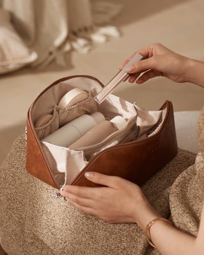 EACHY Travel Makeup Bag for Women, PU Leather Cosmetic Bag, Brown, Medium - color: C - Brown, size: Medium