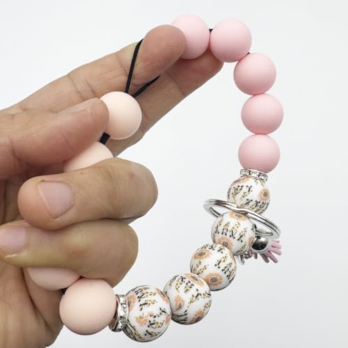 Unpafcxddyig Silicone Bead Keychain Bracelet Wristlet Key Ring - color: Rainbow Pink