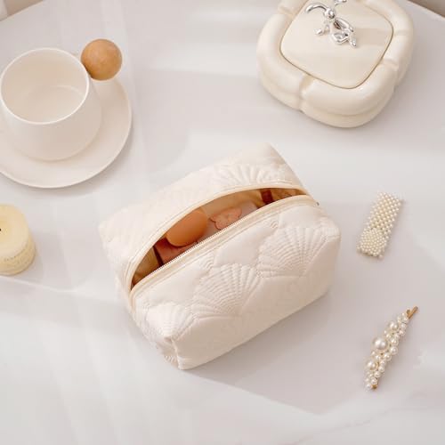 RSRSLEII Small Quilted Cotton Seashell Makeup bag, Toiletry Bag, White - color: 07Small White