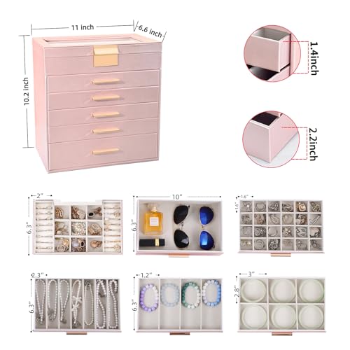 BOOVO Jewelry Boxes for Women, White and Black 6 Layer Large Jewelry Box for Necklace, Bracelet, Earrings, Rings Storage, Jewelry holder Organizer for Girls Gift (Rose gold, 6 layer) - color: Rose gold, size: 6 layer