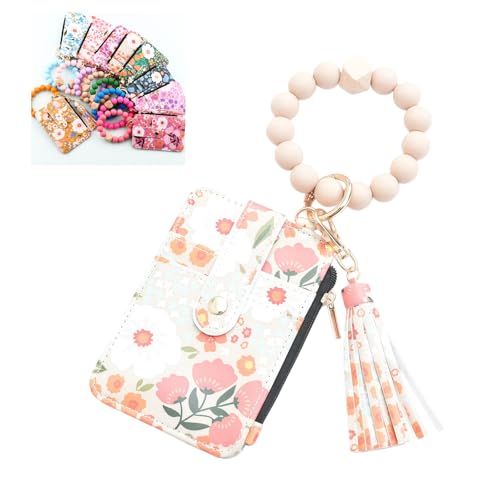 Flower Keychain Wristlet Wallet for Women, Cute Silicone Beaded Credit Card Holder Key Ring Bracelet Wallet - color: C-khaki
