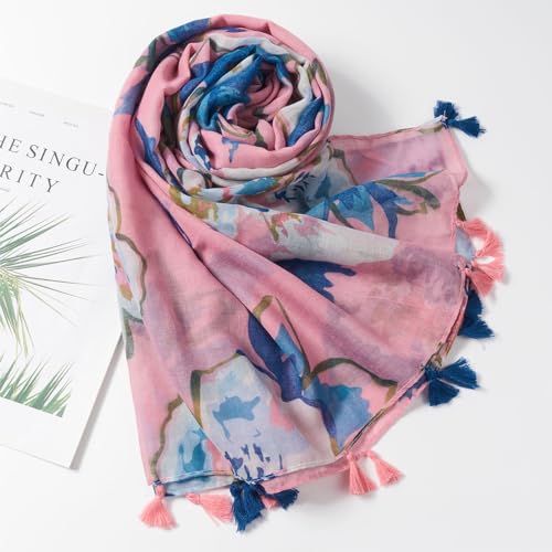 QIUTIMIY Scarf for Women Lightweight Soft Floral Leopard Printed Scarves Fall Winter Fashion Shawl Wrap with Fringe - color: Flower-pink Blue