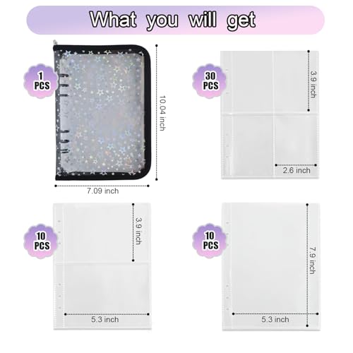 A5 Kpop Photocard Binder Holder with 50 Sheets Double Sided Sleeves for Polaroid Instax Mini Photo Album Zip Book Game Trading Sports Baseball Card Binder 6 Ring 4 Pocket Collector (Black) - color: Black