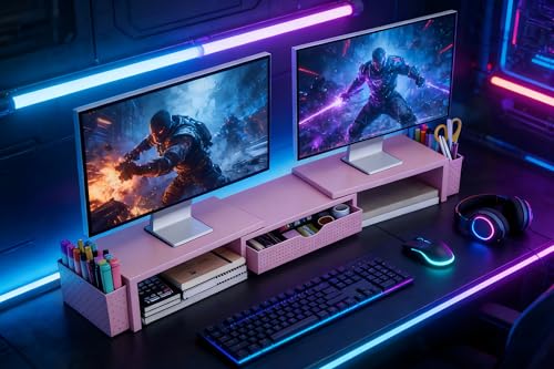 Spacrea Dual Monitor Stand Riser with Drawer and 2 Pen Holders - color: Pink