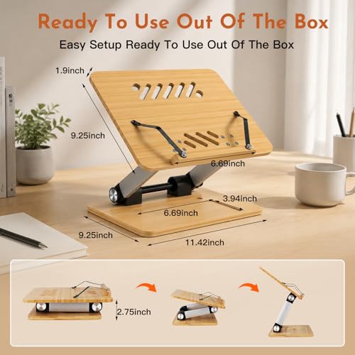 Bamboo Adjustable Book Stand, Foldable Cookbook Holder (Natural Bamboo)