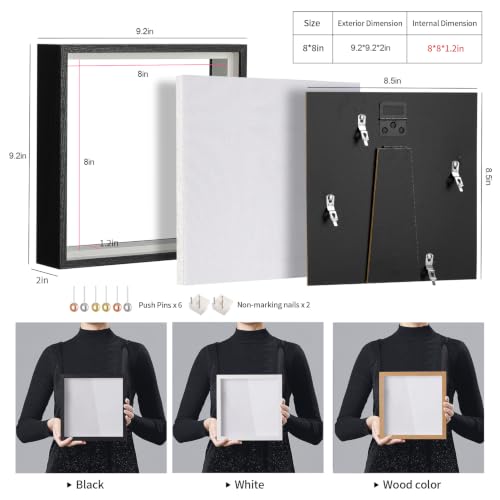 8x8 Shadow Box Picture Frame with Real Glass Panel and Linen Back - color: Black + Thickened Panel + Foam Packaging, size: 8x8