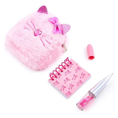 VOTUM Pink Bow Cat Keychain Charm for Backpacks, Purses, Handbags, Car Keys with Stationery Set - Includes Mini Notebook, Gel Pen, Eraser, Stickers - Portable & Fun Gift for Tweens & Adults Ages 8+ - style: Pink Bow Cat