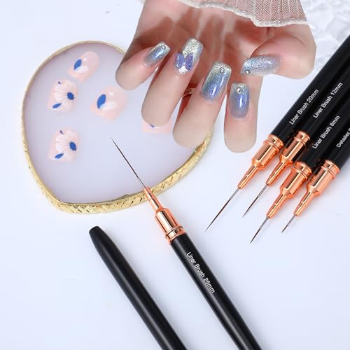 5 Pcs Metallic Nail Art Brushes Liner Brushes Set with Nail Art Mixing Palette Nails Dotting Drawing Tool for Long Lines Thin Detail Fine Liner Brush UV Gel Polish Painting Nails Design 4/8/12/20/25mm - color: Black