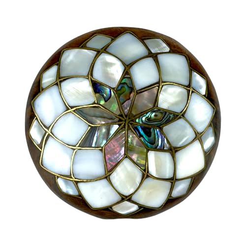 Handcrafted Natural Wooden Compact Mirror, Round Make Up Mirror with Mother of Pearl Inlay- Personalized Hand Mirror - color: Lotus
