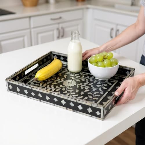 Rectangular Mother of Pearl Serving Tray, Handmade Ottoman Decorative Shell Tray with Handles for Fruit Bread Tea Breakfast Coffee Table Party Home Decor (Black Wicker Butterfly) - color: Black Wicker Butterfly