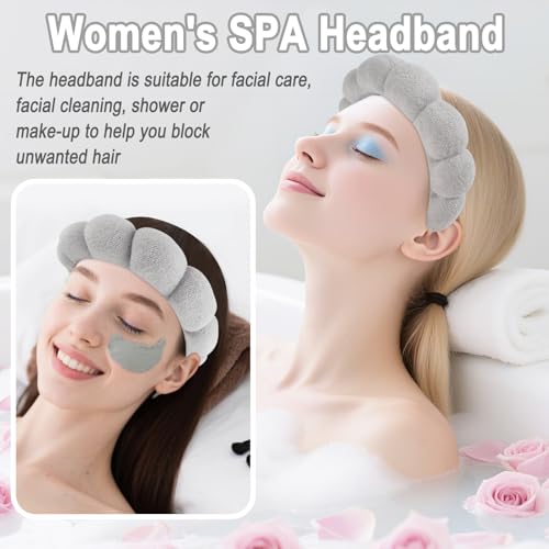Zkptops Spa Headband for Washing Face Wristband Set Sponge Makeup Skincare Terry Cloth Bubble Soft Get Ready Hairband for Women Girl Puffy Padded Headwear Non Slip Thick Hair Accessory(Grey-2) - color: ZC Grey-2