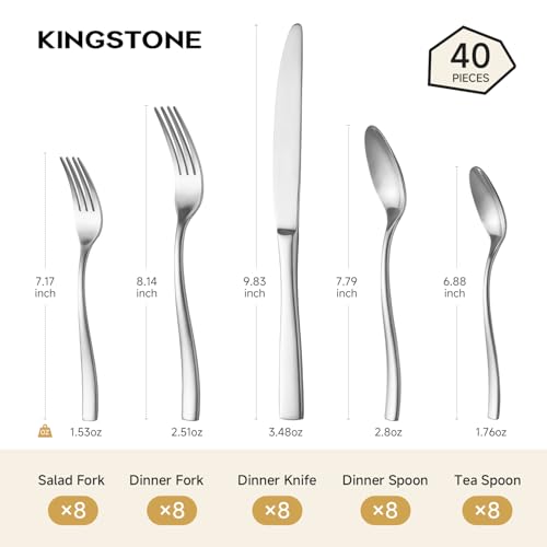 KINGSTONE 40-Piece Flatware Set for 8, Matte Stainless Steel Utensil Set with Forks, Knives, Spoons, Dishwasher Safe, Rust Resistant Silverware Set for Home，Wedding，Kitchen and Daily Life - color: Matte Silver, size: 40 Pieces