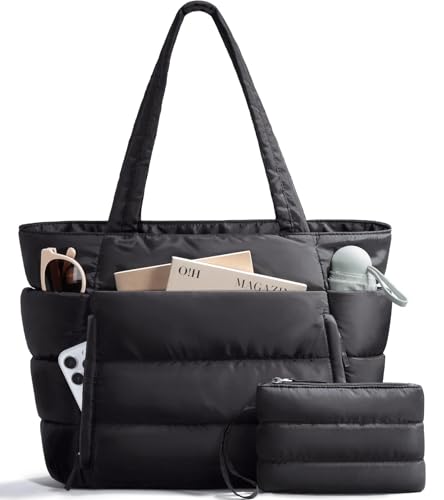 Bagstellar Puffer Tote Bag for Women, Lightweight Puffy Travel Gym Work Bag - color: Black