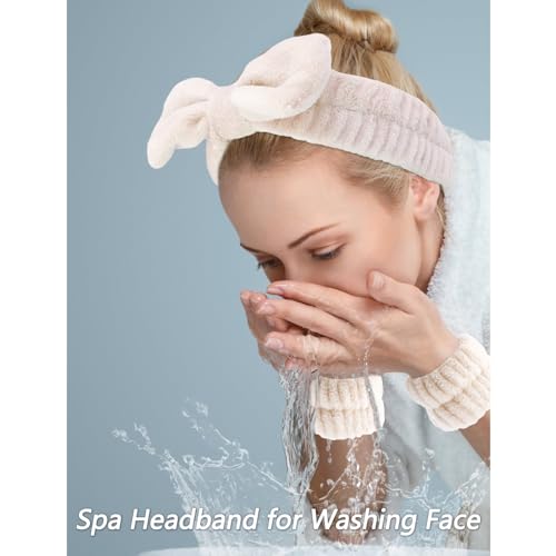 VELSCRUN Spa Headbands for Wash Face, Makeup Headband, Facial Skincare Headbands, 5 Pcs Khaki Puffy Sponge Spa Headband Bow Tie Hair Band Hair Clips Wristband Set Women Girls Accessories - color: Khaki