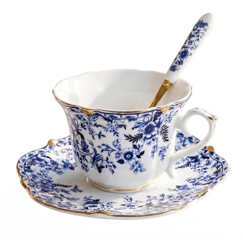 Noviko Blue and White Floral Teacup and Saucer Set with Spoon, 6 oz - color: Blue