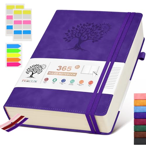PERCUN B5 Lined Journal Notebook - 365 Page Large Leather Journals for Writing Women Men，Hardcover Notebook with 100Gsm Thick Pages，Daily Diary for Travel, Work，School，College Ruled (7.6" x 10.3") - color: Purple, size: B5