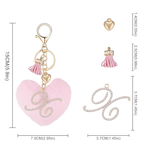 Initial Letter Heart Pom Pom Keychain for Women Pink Soft Fluffy Ball Key Ring for Purse Backpack Handbag - color: X