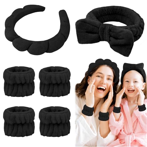 6 Pcs Puffy Terry Cloth Spa Headband and Wristbands for Face Skincare, Makeup Removal, Yoga, Shower, Spa Party, One Size, Unisex-Adults - color: Black