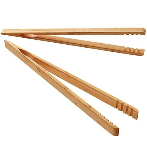 DUJEN 2 Pieces Bamboo Toast Tongs, 10.2 Inches Long Wood Toaster Tongs with Anti-slip Design, Tongs for Cooking with Cooking Oil Coating