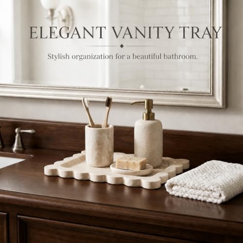 Koville Romano Travertine Vanity Tray, 11"x8" Natural Stone Organizer Tray for Countertop Bathroom Kitchen Dresser, Marble Decorative Scalloped Tray for Jewelry Cosmetics Perfume Trinket(Beige) - color: Travertine, size: 11" x 7.9" x 0.7"