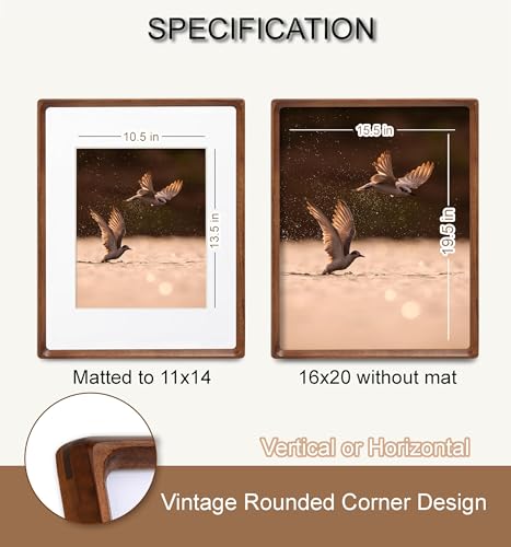 16x20 Picture Frame, USA-Sourced Natural Walnut Wood with Plexiglass, Handcrafted Rounded Corners, Matted to 11x14 Photo, Horizontal and Vertical Gallery Wall Poster Frame - color: Walnut, size: 16X20