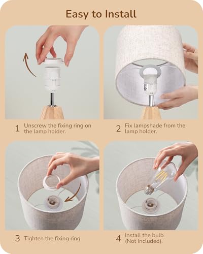 EDISHINE Small Table Lamp, Boho Bedside Lamp, Linen Fabric Shade, 14.2 Inch - color: Natural Wood&Beige Shade