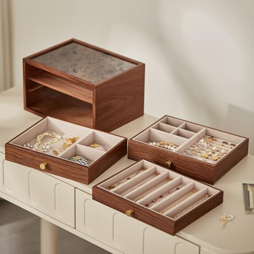 Black Walnut Wooden Women Jewelry Box with Glass Lid, 3 Layer - style: 3 Layer B